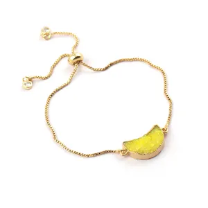 Agate jaune plaqué or Pierres précieuses Druzy Bracelets réglables en forme de demi-lune Bijoux de bracelet en pierre. Mode B-056 Joyas