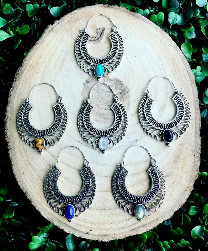 Indian Silver Plated Jewelries Semi Precious Gemstone Hoop Earring Stone Earring