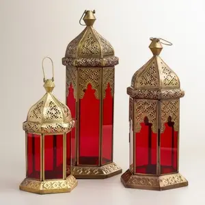 Farol de hierro y vidrio dorado para decoración de bodas y fiestas, farol marroquí de Ramadán, fabricante de la India, venta al por mayor