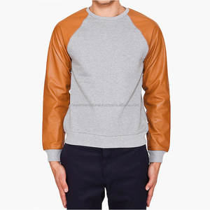 Personnalisé votre propre logo pour homme sweat-shirt brodé col ras du cou moutarde et gris clair pull manches en cuir - Product Image 1