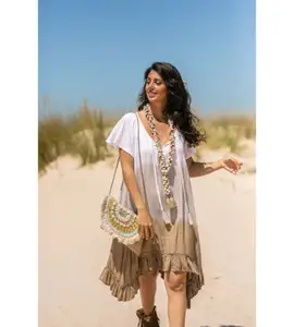 Hot Girl Summer Wear Sexy Beach Holiday Look Boho Gypsy Hand Made Tie Dye Short Sleeve Bali Kaftan Dress