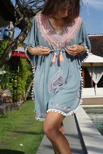 Caftán de Rayón para Mujer, Estilo Bohemio, con Bordado de Cadena, Cuello en V, Manga Corta, Diseño Popular, Sexy, Estilo Gitano, para Verano - Product Image 3