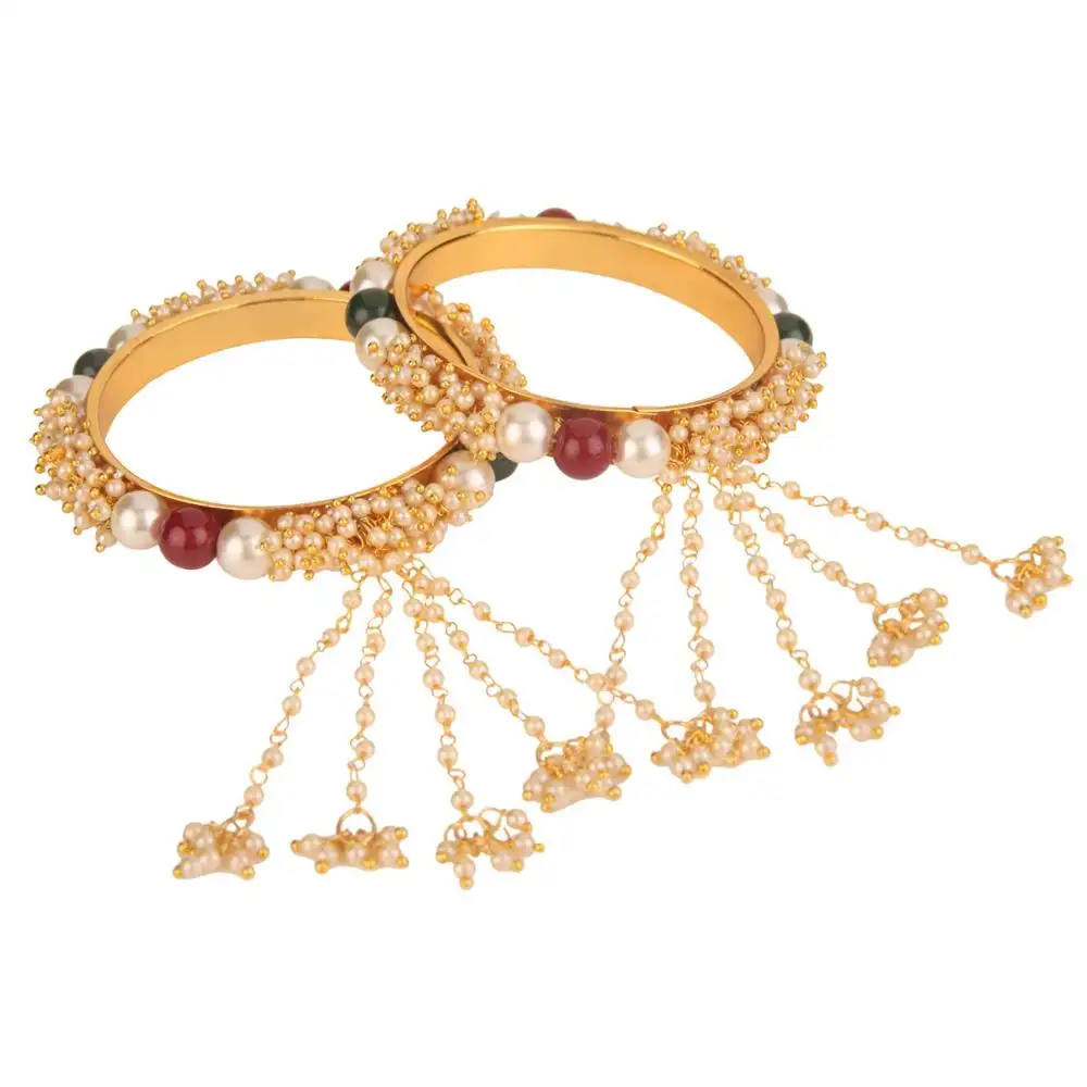 Indian Bollywood Fashion Jewelry 14 K Gold Plated Faux Pearl Bead White Multicolor Bracelet Bridal Tassel (2 Piece) Bangle Set