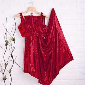 Bollywood Designer Saree Designer Miroir Travail Fleur Conception Doux Soie Tissu Impression Numérique Marron Couleur Sari avec Blouse Inde Vêtement - Product Image 1