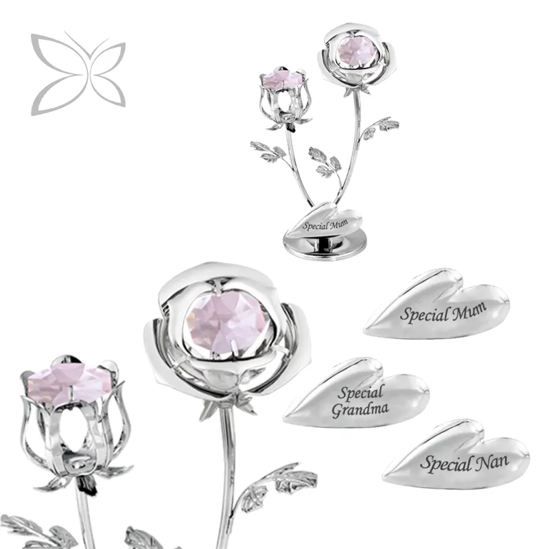 Crystocraft Metal Rose Flowers Figurine with Brilliant Cut Crystals for Mom Mum Mother Keepsake Engraving Personalised Gifts