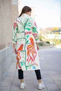 Manteau Chapan en coton naturel brodé pour femmes et filles, robe longue décorée de soie - Product Image 3