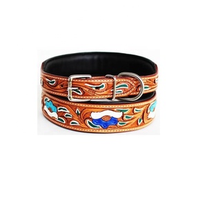Highest Quality Hand Made 100% Cow Leather Soft Padded Dog <b>Collar</b> With Colorful Floral Embossed Design Indian Manufacturer - Product Image 2