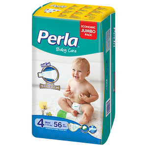 Couches bébé PERLA Maxi (N°4) – Lot Jumbo (56 pièces) en tissu non tissé, protection anti-fuites, surface sèche, absorption optimale, motif imprimé - Product Image 1