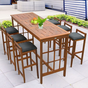 Solid Wood Outdoor Bar Dining Set with Slatted <b>Rectangular</b> Table and Padded Stool Chairs Modern Patio Furniture - Product Image 2