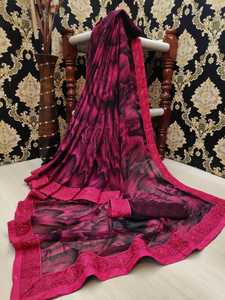 Ropa moderna de fiesta Georgette de seda con trabajo estampado con blusa sin costuras y negro con color azul cielo ropa de mujer india - Product Image 4