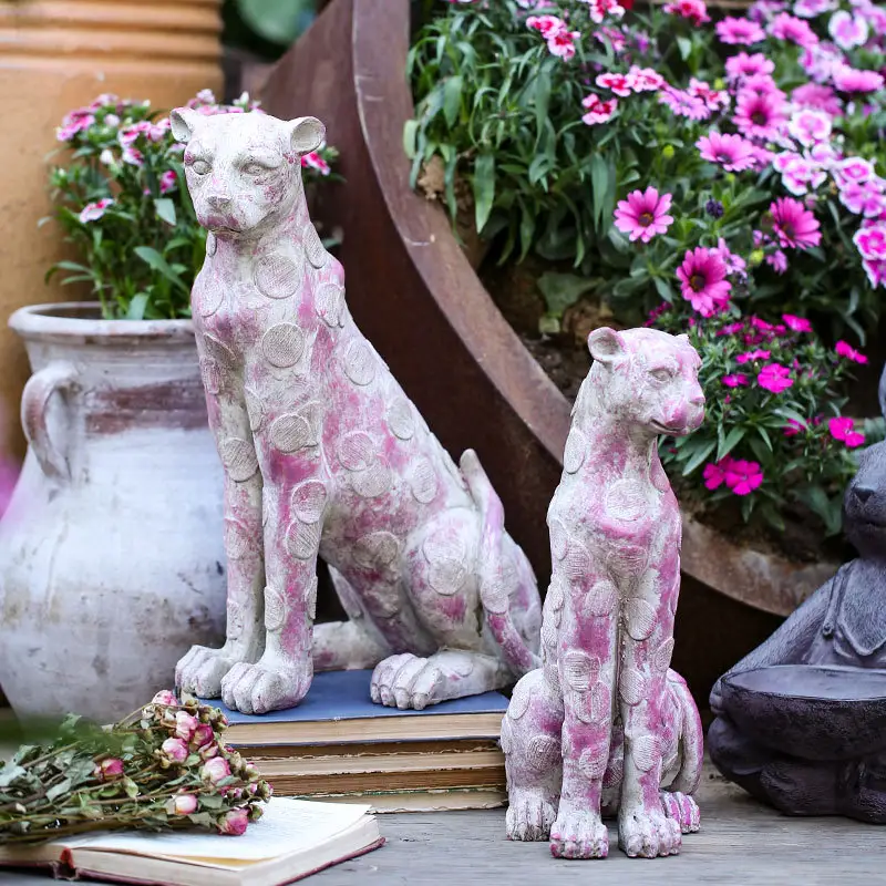 Pembe renk toptan reçine hayvan dükkanı dekorasyon büyük leopar bahçe heykelleri