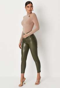 Custom Black Artificial Leather Women's Hip Hop Pants Plus Size Stretchable <b>Leggings</b> with Button Decoration Breathable Washed - Product Image 5