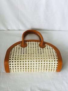 Bolso de Mimbre de Ratán con Cuero Vacuno Genuino Marrón Claro con Cierre de Cremallera - Product Image 3