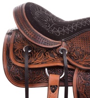 Sillín de caballo occidental de cuero genuino premium teñido en tambor con estructura de plástico, cómodo y duradero, juego de brida repujada para senderismo y ocio.