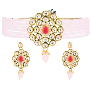 Indischer Schmuck Hersteller Kristall Kundan Faux Pearl Perlen Braut Choker Halskette Ohrringe Schmuck Set, Pink
