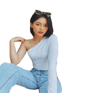 เสื้อครอปถักสำหรับผู้หญิงเสื้อลำลองแขนยาวเปิดไหล่ข้างเดียวขนาดใหญ่พิเศษระบายอากาศได้สำหรับผู้หญิง - Product Image 2