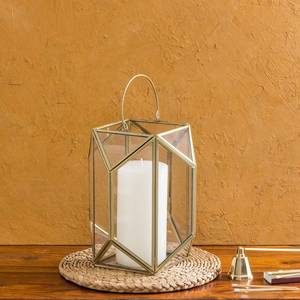 Geometric Glass Lantern Candle <b>Holder</b>, <b>Tealight</b> <b>Holder</b> with Brass Polish - Product Image 1
