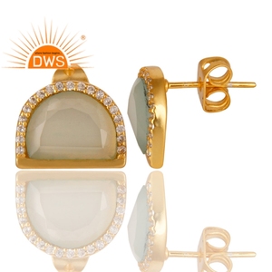 White Zircon Aqua Chalcedony Earring Half Moon Designer Gold Plated 925 Silver Stud Earrings Jewelry Supplier - Product Image 3