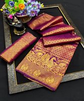 Saree Sutra Jacquard Banarasi Wanita Anti Kusut Panjang Menyentuh Lantai Pakaian Etnik Desain Modern Abadi untuk Pesta Pernikahan Festival
