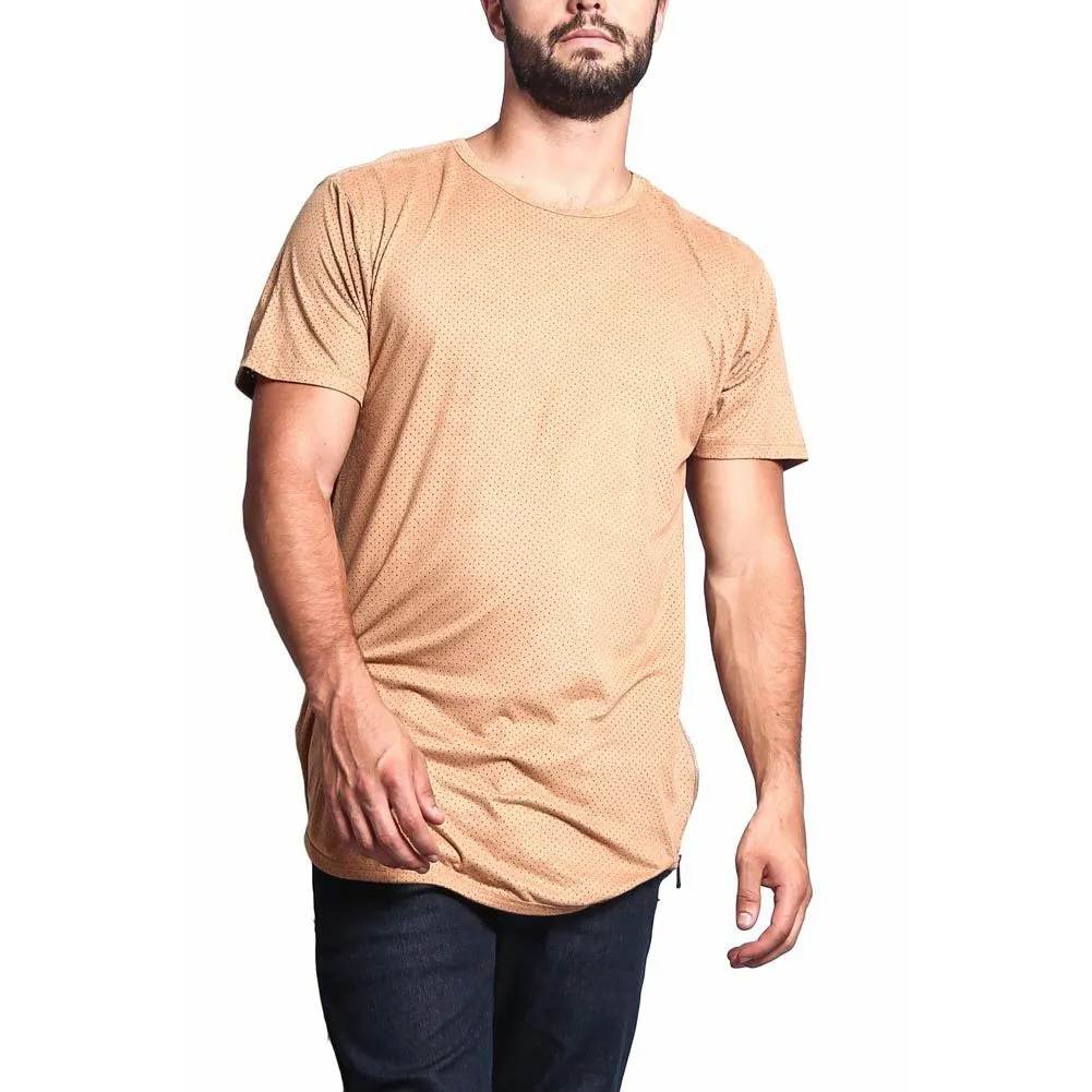 लड़कों के लिए कस्टम लोगो मुद्रित टी शर्ट क्रू नेक टीज़ छिद्रित नकली साबर लंबी लंबाई वाली घुमावदार हेम टी-शर्ट जिपर के साथ