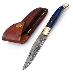 Couteau de poche pliant fait main de damas avec étui en cuir (smk1271), couteau multifonctionnel en acier, couteaux Sm de couleur bois - Product Image 1