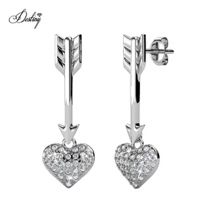 Sterling Silver 925 Premium Austrian Crystal Jewelry Fashion Cupid Anchor Heart Stud Earrings For Women Destiny Jewellery