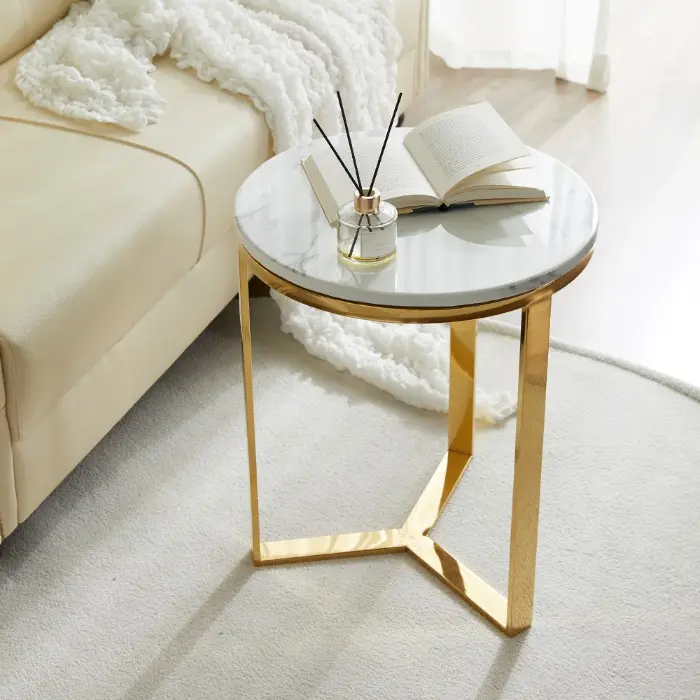 Set Meja Samping Sarang Emas Mini, Furnitur Furnitur Korea Selatan Leher Bulat Marmer Modern Kecil dengan Lingkaran