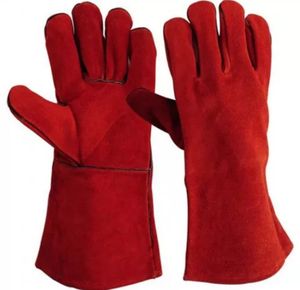 ถุงมือหนังวัวป้องกันความร้อนทนสีแดง,ถุงมือทำงานสำหรับช่างเชื่อมเพื่อความปลอดภัยยาว - Product Image 1