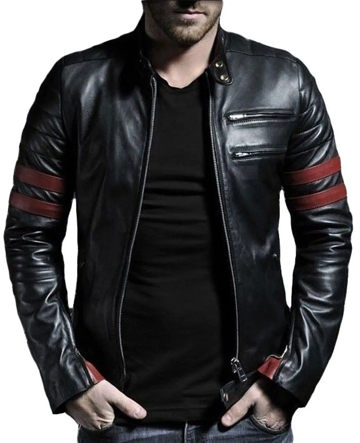 NEW MEN GENUINE SHEEP LEATHER BLACK SLIM FIT BIKER STYLE JACKET