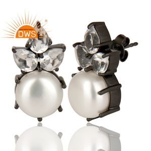 Beautiful Pearl and Crystal Gemstone Earrings Black Rhodium Plated 925 <b>Silver</b> <b>Stud</b> Earrings Jewelry Manufacturer - Product Image 2