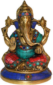DANDICRAFTS FAITS À LA MAGIE STATUE EN LAITON SEIGNEUR GANESHA AVEC TRAVAIL EN PIERRE - Product Image 5