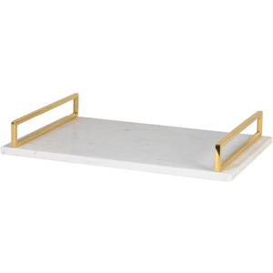 Plateau de service rectangulaire moderne en marbre blanc avec poignées en métal doré - Product Image 3