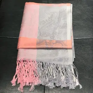 Khăn Quàng Cổ Pashmina 100% Màu Sắc Đẹp Bị Chặn Bạc, Peach + Soft Rose Paisley Thiết Kế Santa Barbara California Hoa Kỳ