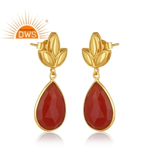 Boucles d'oreilles pendantes en onyx rouge naturel, bijoux plaqués or, fournisseur de bijoux, boucles d'oreilles en argent sterling, collection classique - Product Image 2