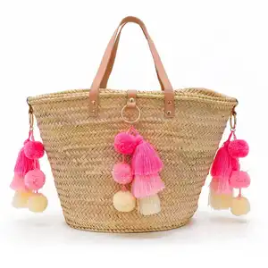Premium Quality French Basket Basket, Beach <b>Bag</b> - <b>Long</b> Flat Leather Handle Natural Basket - Product Image 1