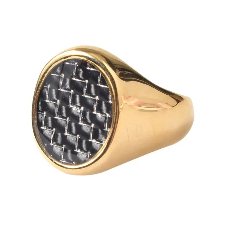Stainless steel oval gold seal ring black carbon fiber ring for men
