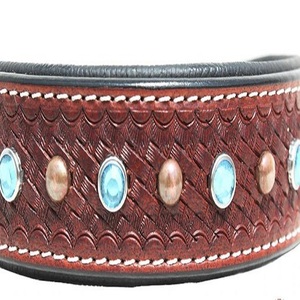 Collar de cuero para perro, accesorio personalizado con capa superior de cristal turquesa y tachuelas, cesta tejida a mano, collar de mascota con hardware de latón sólido - Product Image 4