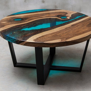 Muebles modernos clásicos de lujo, mesa de centro de resina epoxi azul con borde vivo de madera maciza, Mesa Central - Product Image 1