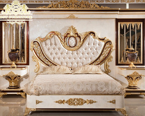 Meubles de chambre à coucher principaux de luxe fabriqués en bois sculptés à la main meubles de chambre à coucher principaux brillants luxueux ensemble de chambre à coucher de finition dorée - Product Image 4