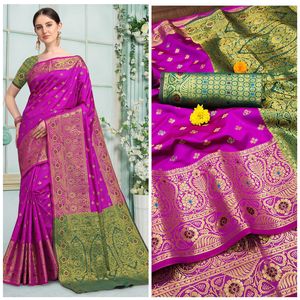 Trandy-Saree de seda tradicional de Lichi puro, tejido y contraste a juego con hermoso oro, Zari - Product Image 3