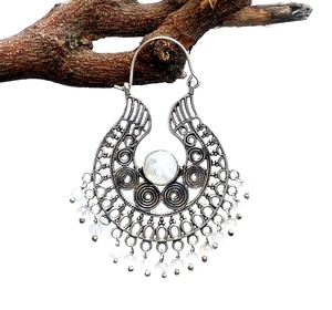 Boucles d'oreilles pendantes en acier inoxydable plaqué argent de style tribal Style religieux à la mode cerceau perles de pierre de lune perle diamant cadeau de fête - Product Image 1