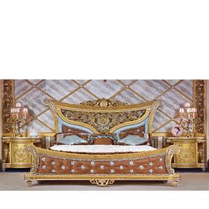 Muebles de dormitorio tallados con acabado dorado, cama de madera tallada de lujo, muebles para el hogar, camas talladas de madera - Product Image 1