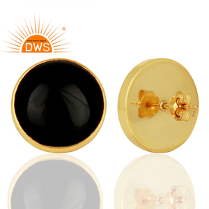 Black Onyx Round Bezel <b>Set</b> 925 <b>Sterling</b> <b>Silver</b> 14k Gold Plated <b>Stud</b> <b>Earring</b> Jewelry Supplier Classic Collection - Product Image 3