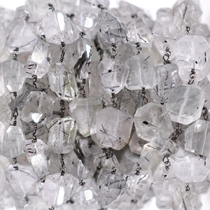 Black Rutilated Quartz Faceted Nuggets Rosary Chain 12×10mm Black Oxidized Brass Wire <b>Wrapped</b> Gemstone Chain Sold by Foot - Product Image 2