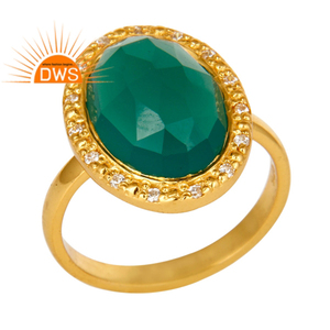 Pretty 18k Yellow Gold Plated Sterling Silver <b>Green</b> Onyx Gemstone Statement Ring Jewelry Supplier Classic Collection - Product Image 1