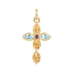 14k Gold Genuine Multi Gemstone Floral Design Cross Pendant 14k White Gold Citrine Amethyst Blue Topaz Fine Jewelry Manufacturer