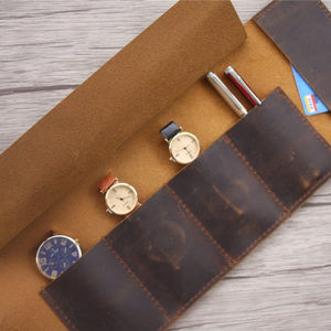 Rollo de reloj de cuero genuino Estuche de reloj de cuero grabado Rollo Hombres Mujeres Organizador de viaje Rollo de reloj de viaje de lujo OEM y FBA - Product Image 2