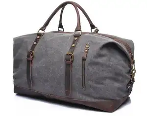 Canvas Leather Travel Luggage Bag, Travel Weekend Bag Large Capacity Vintage Luggage Genuine Leather Bags