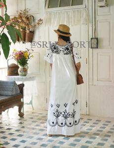 Traditional Indian Floor-Length Bohemian Folk <b>Kaftan</b> Dress Floral Embroidery Aari Chain Stitch 100% Cotton Breathable <b>Summer</b> - Product Image 3