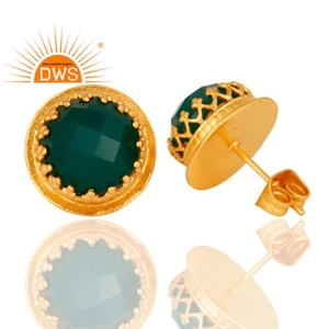 Green Onyx Gemstone Ring Jewelry Supplier Yellow Gold Plated Crown Design <b>Stud</b> <b>Earring</b> Jewelry Manufacturer - Product Image 2